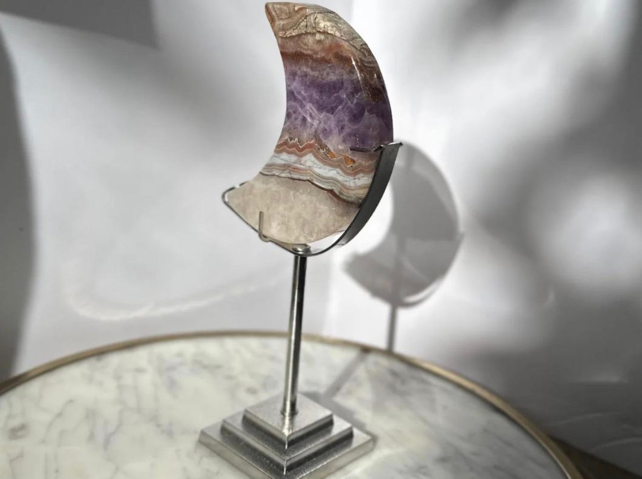 Amethyst Agate Banded Mexican Crazy Lace Agate Moon Carving