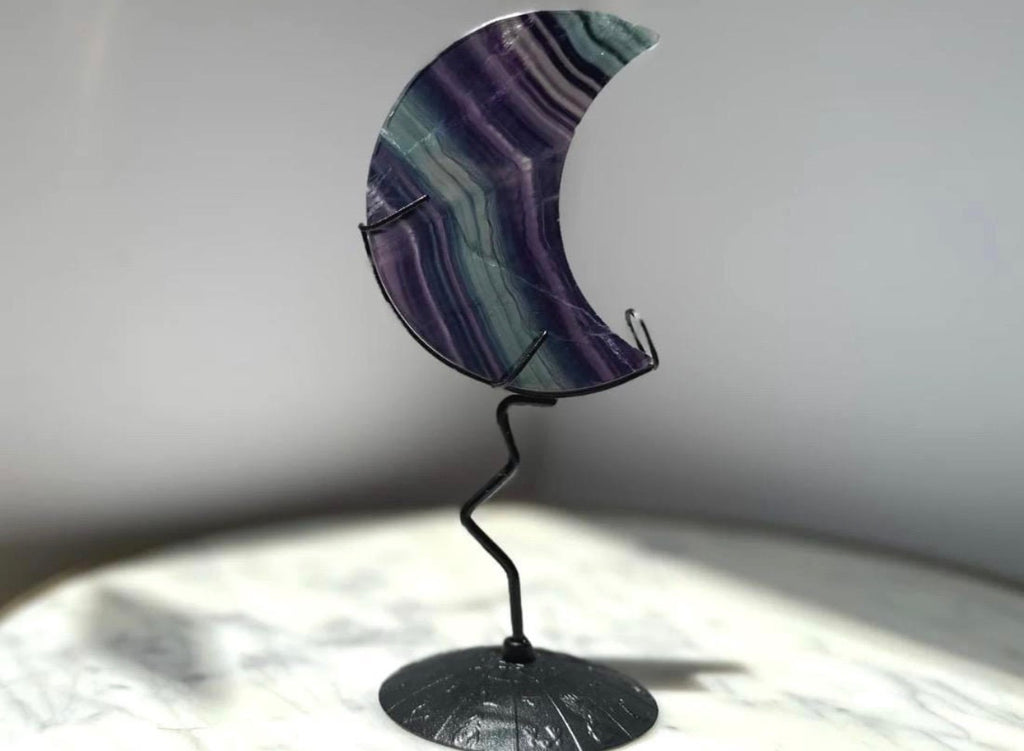 Rainbow Fluorite Cresent Moon Carving - Stand Included
