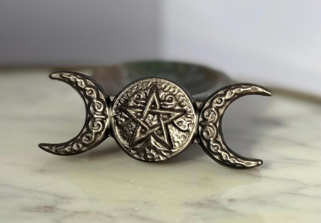 Silver Sheen Obsidan Triple Moon With Pentacle Carving