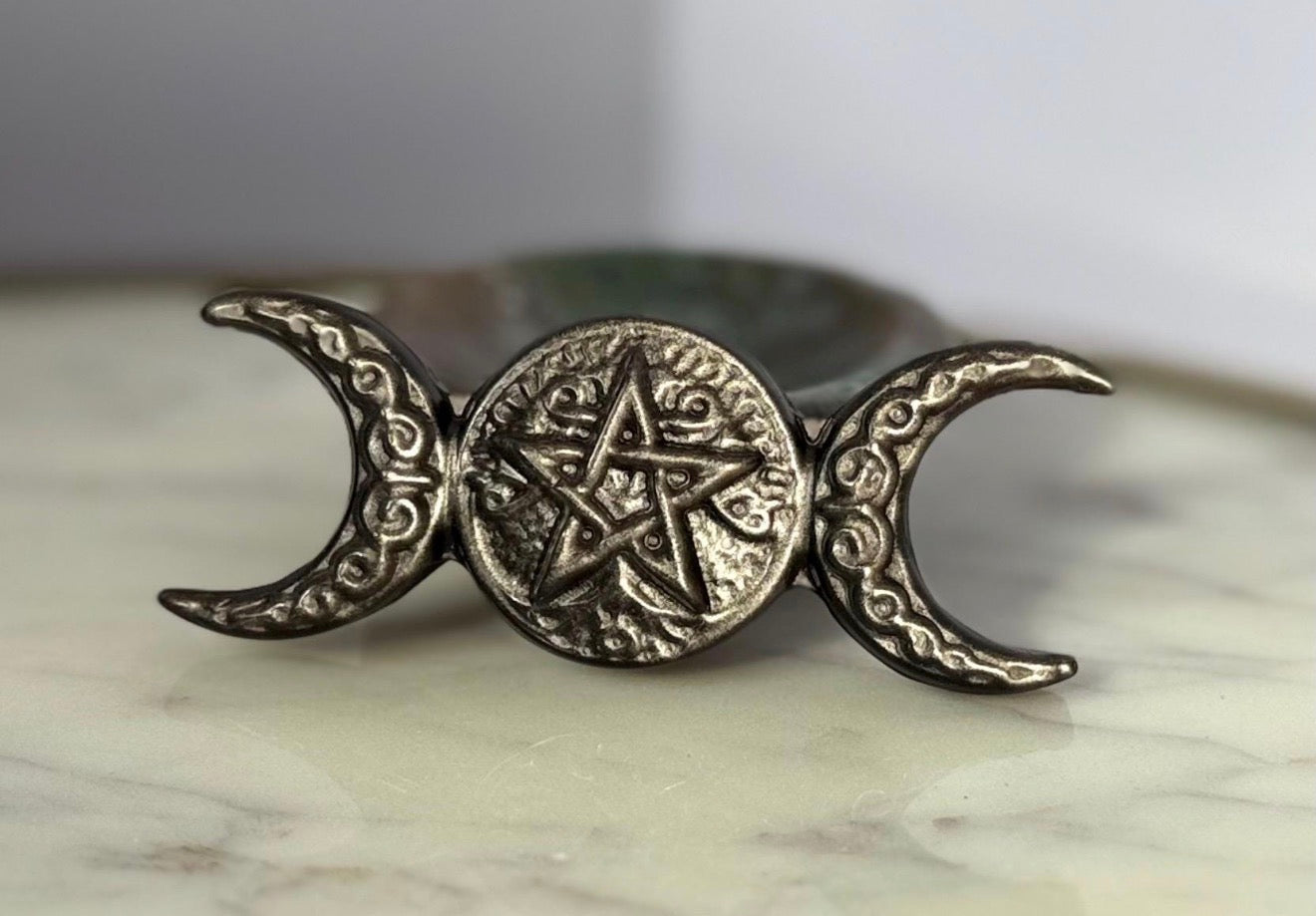 Silver Sheen Obsidan Triple Moon With Pentacle Carving