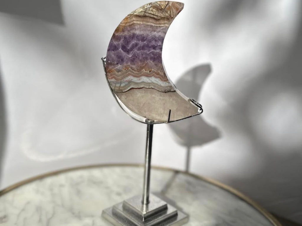 Amethyst Agate Banded Mexican Crazy Lace Agate Moon Carving