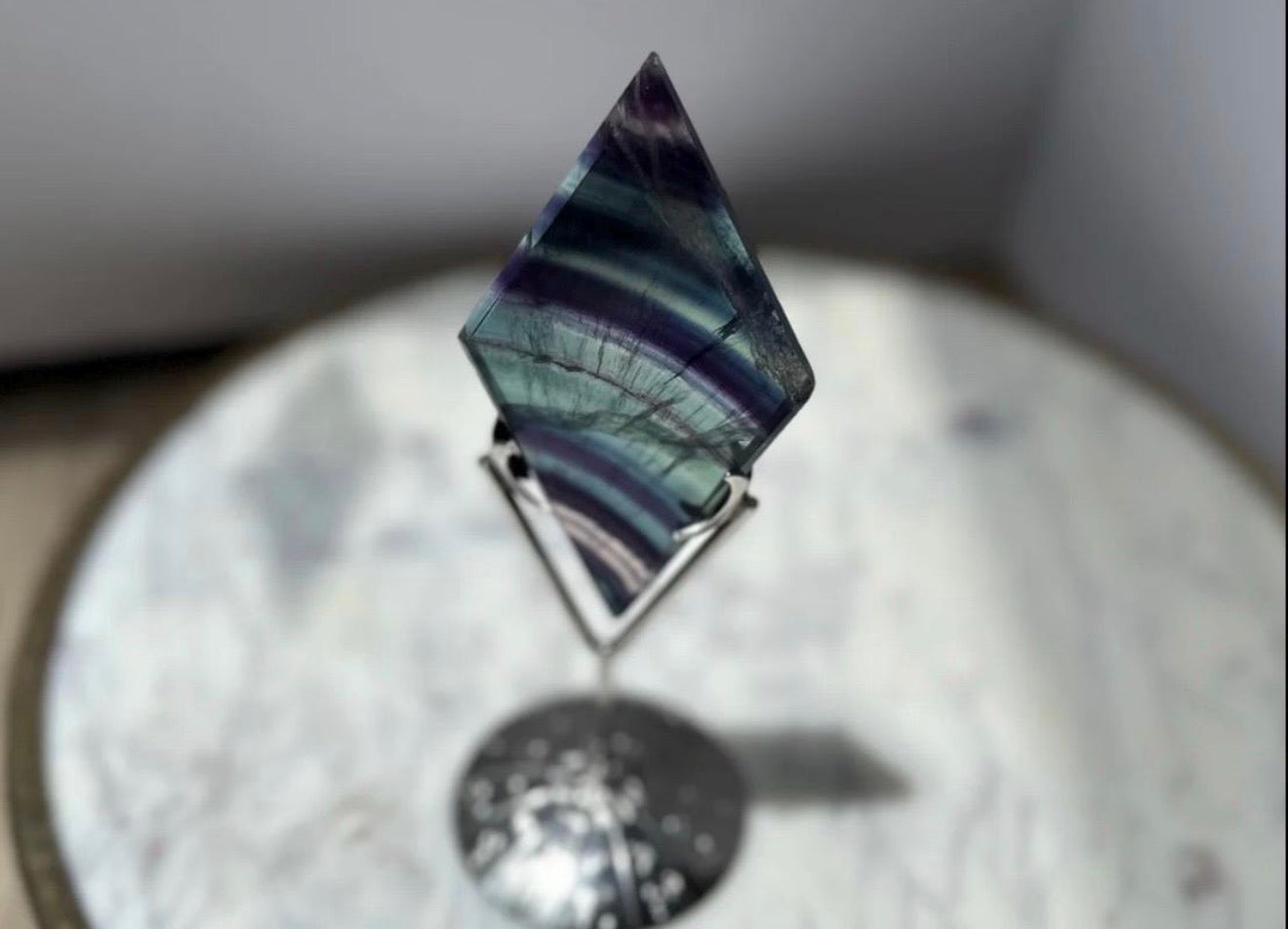 Rainbow Fluorite Diamond Carving - Silver Stand