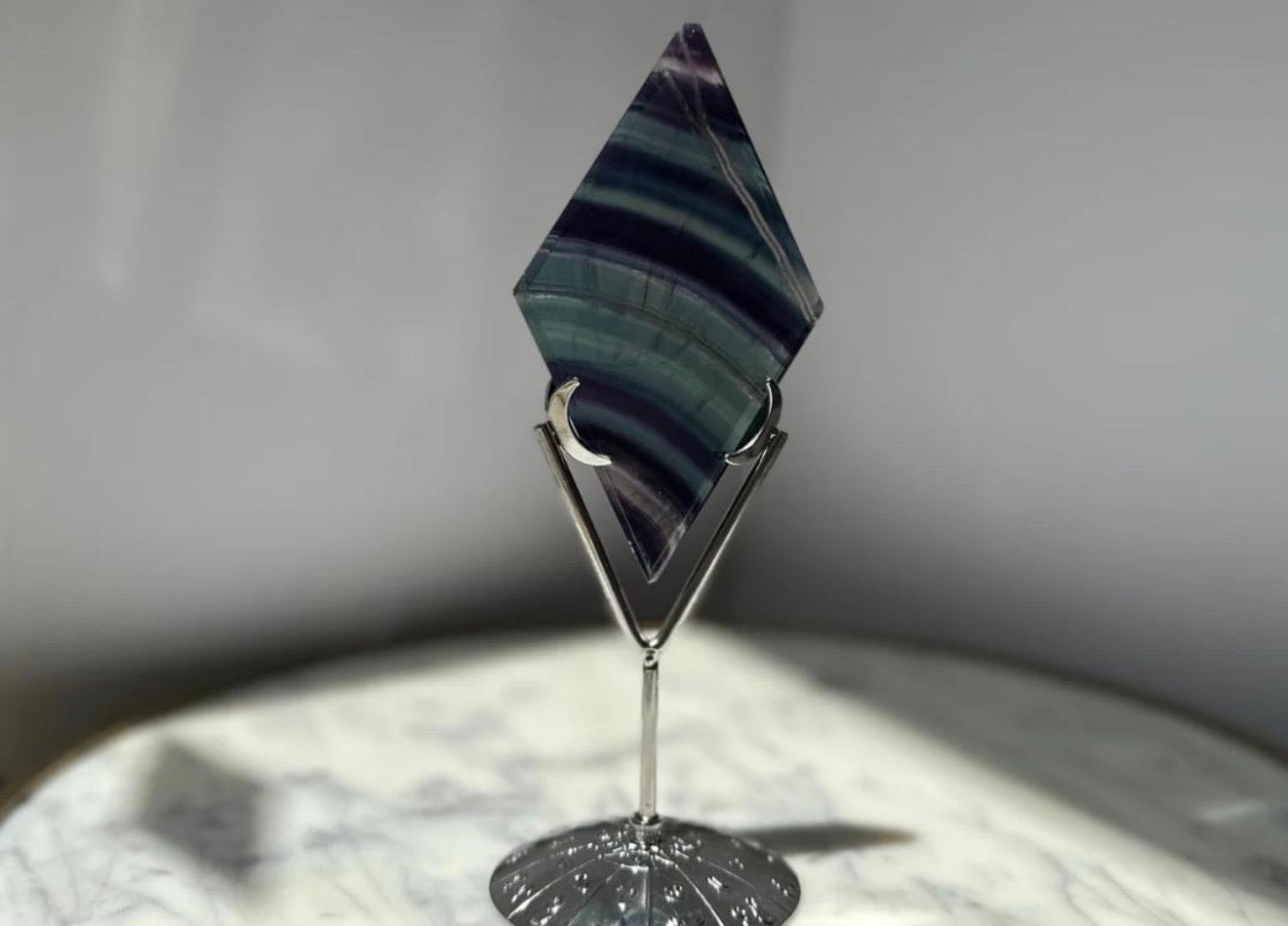 Rainbow Fluorite Diamond Carving - Silver Stand