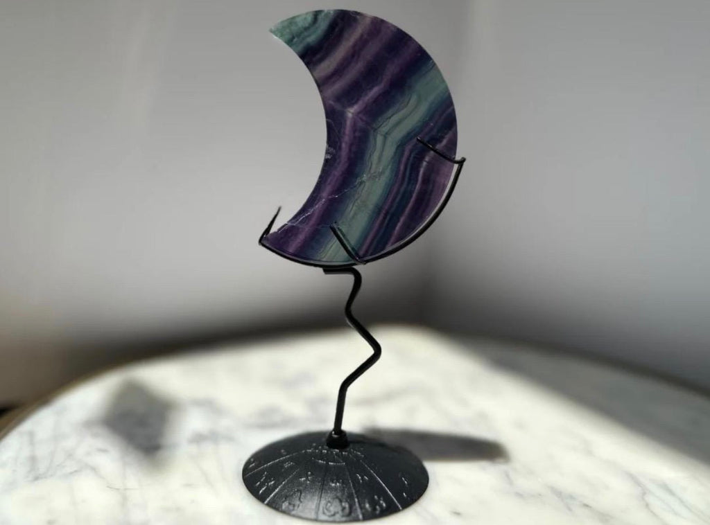 Rainbow Fluorite Cresent Moon Carving - Stand Included