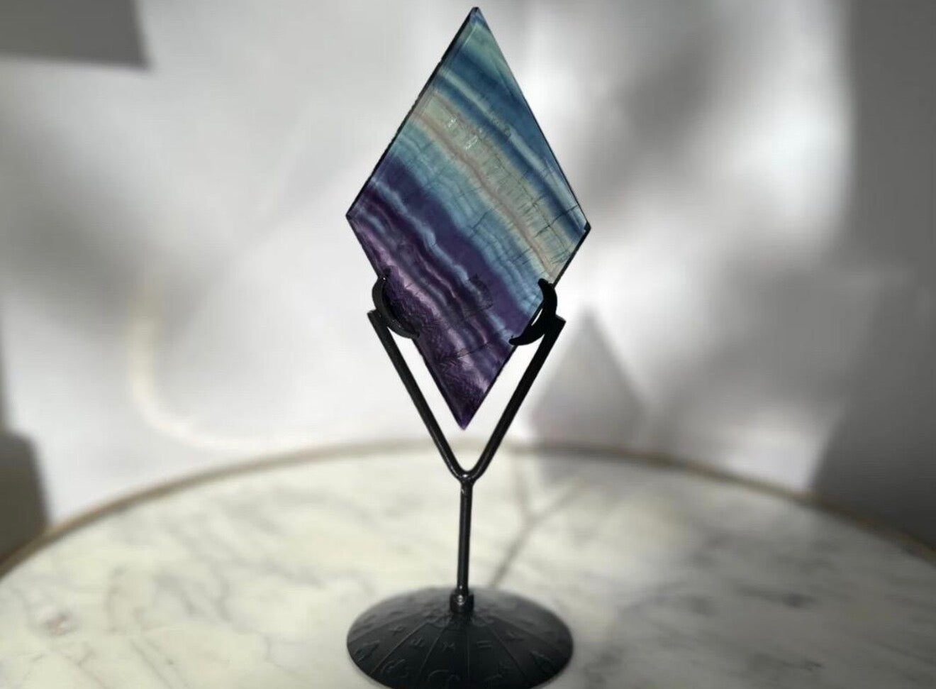 Rainbow Fluorite Diamond Carving - Black Stand