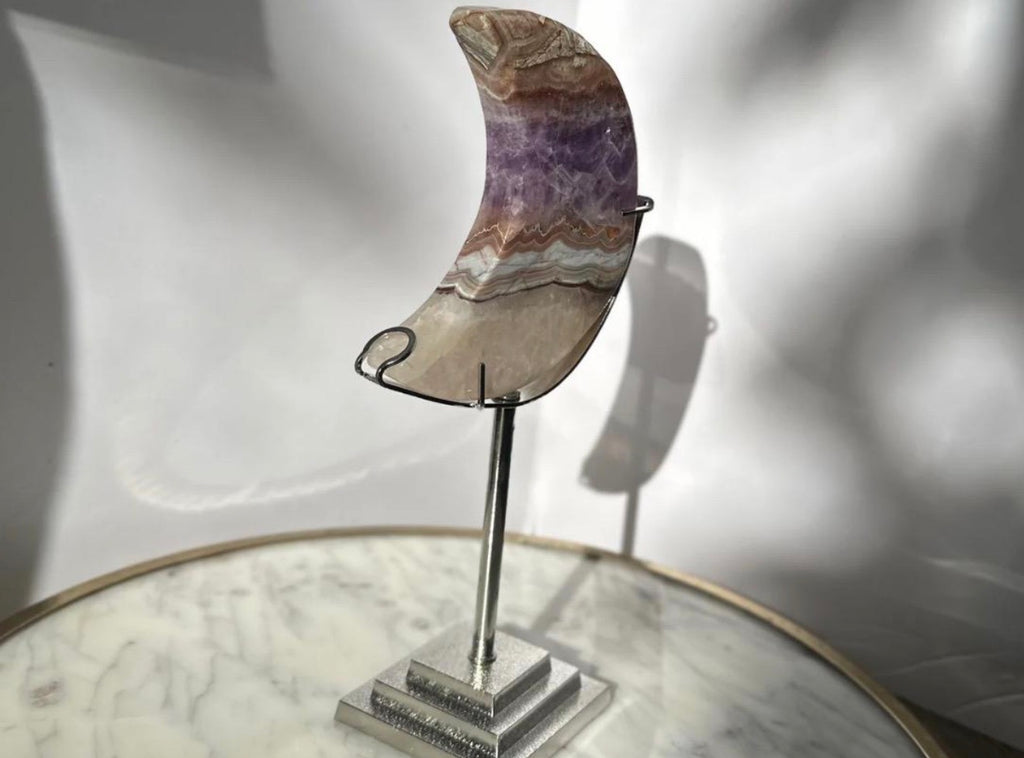 Amethyst Agate Banded Mexican Crazy Lace Agate Moon Carving
