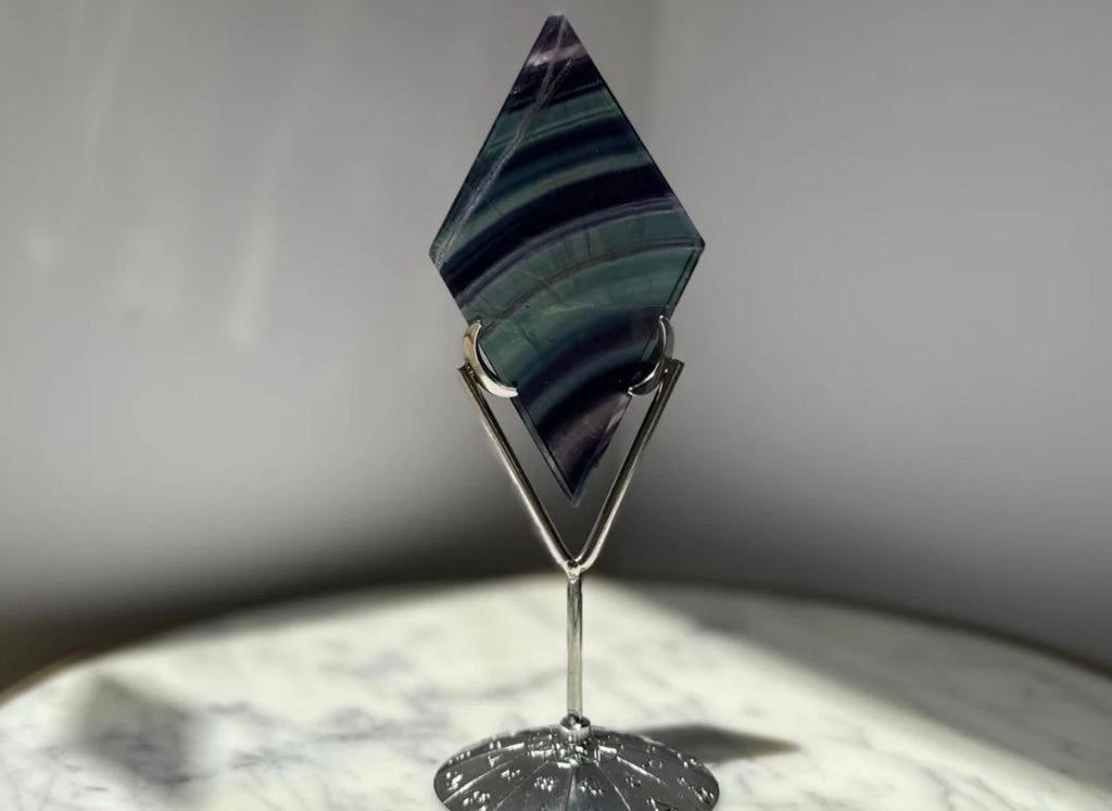 Rainbow Fluorite Diamond Carving - Silver Stand