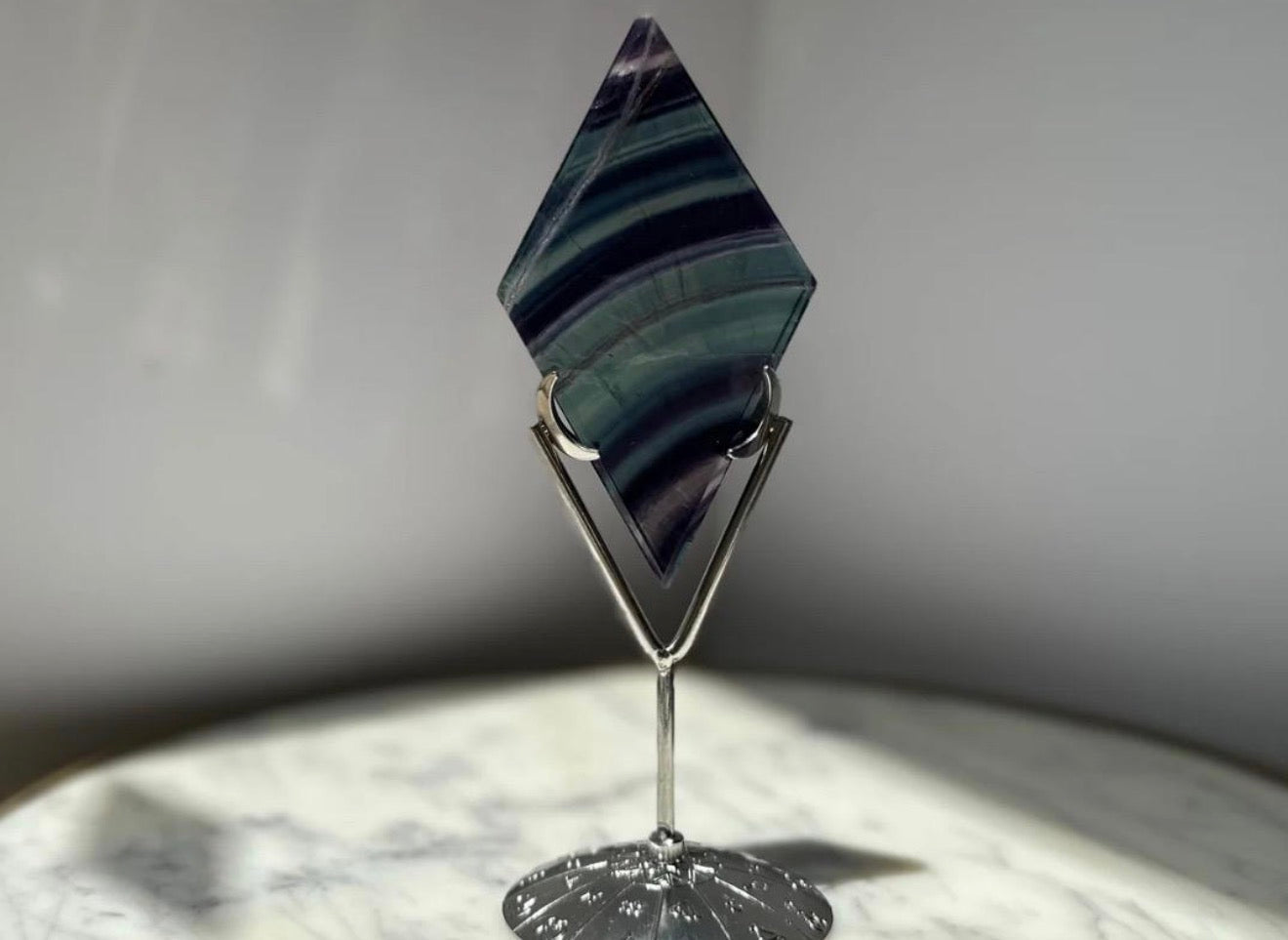 Rainbow Fluorite Diamond Carving - Silver Stand