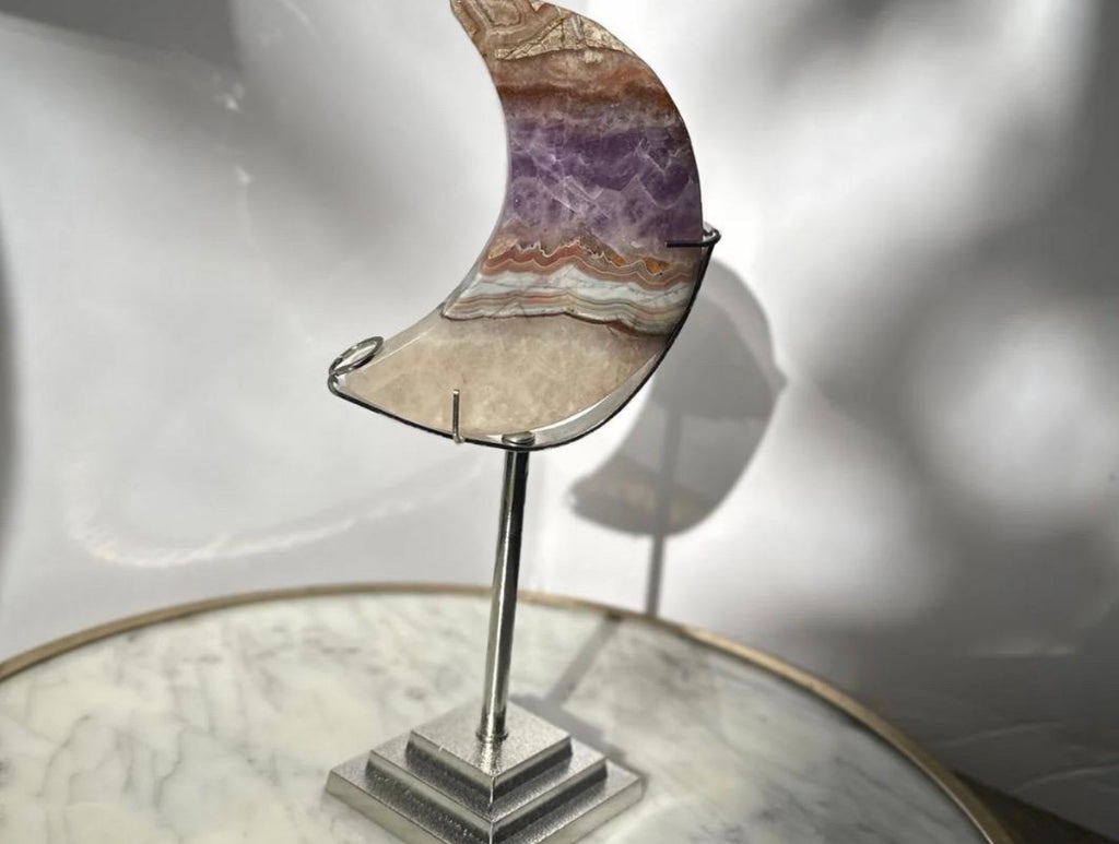 Amethyst Agate Banded Mexican Crazy Lace Agate Moon Carving