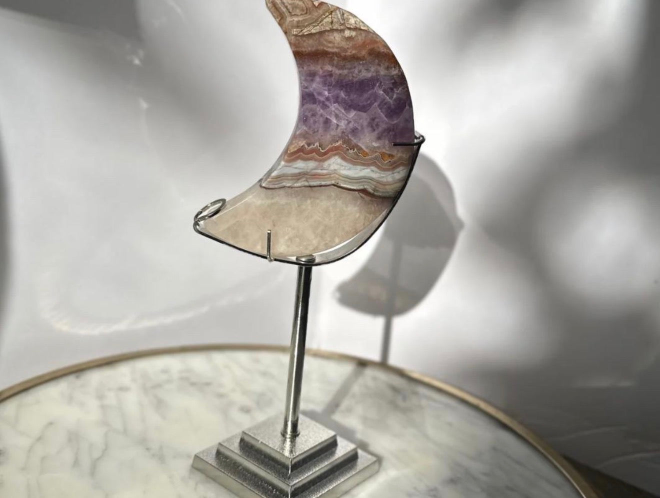 Amethyst Agate Banded Mexican Crazy Lace Agate Moon Carving