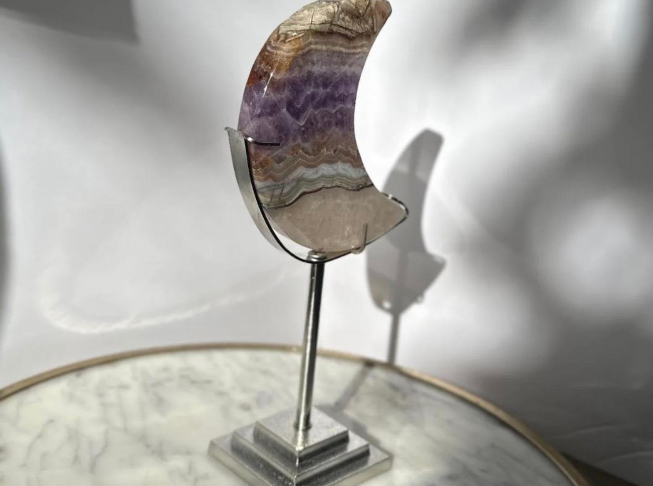 Amethyst Agate Banded Mexican Crazy Lace Agate Moon Carving