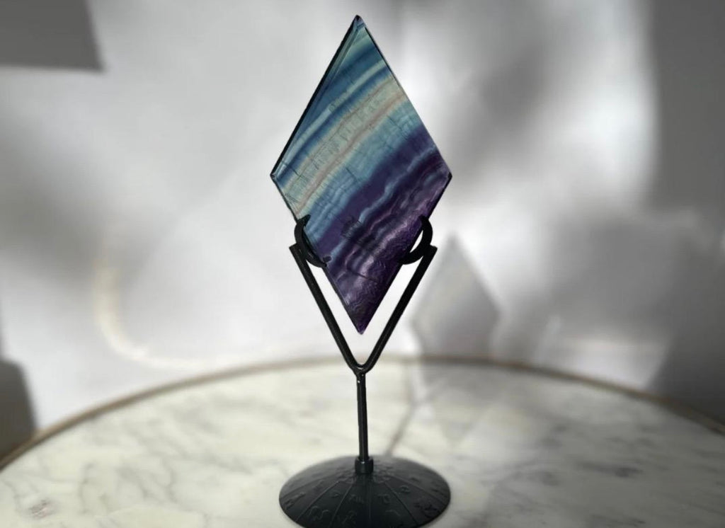 Rainbow Fluorite Diamond Carving - Black Stand